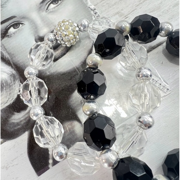 Beaded Stretch Bracelets Silver Clear & black disco ball Beads Set Of 2. - Picture 3 of 4